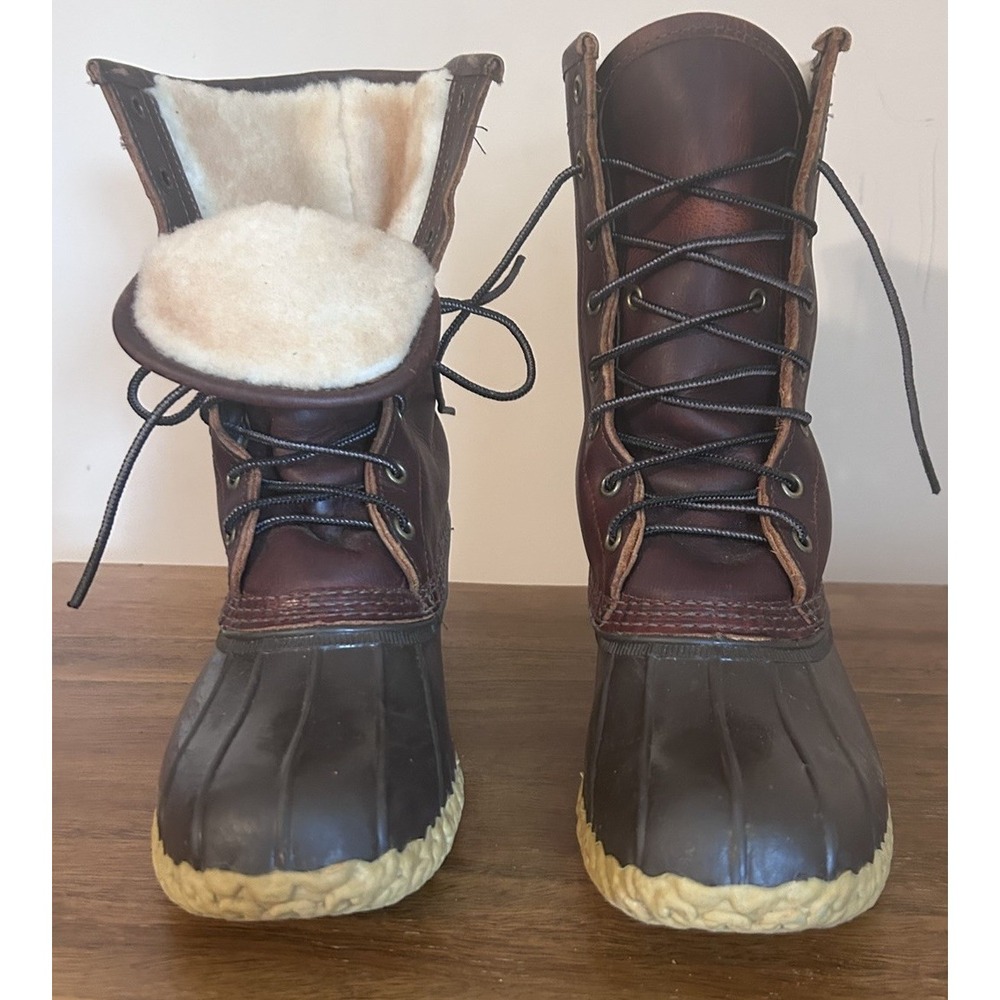LL Bean Women's 8 M Fur Shearling Lined Bean Boots Leather Duck Brown USA Made